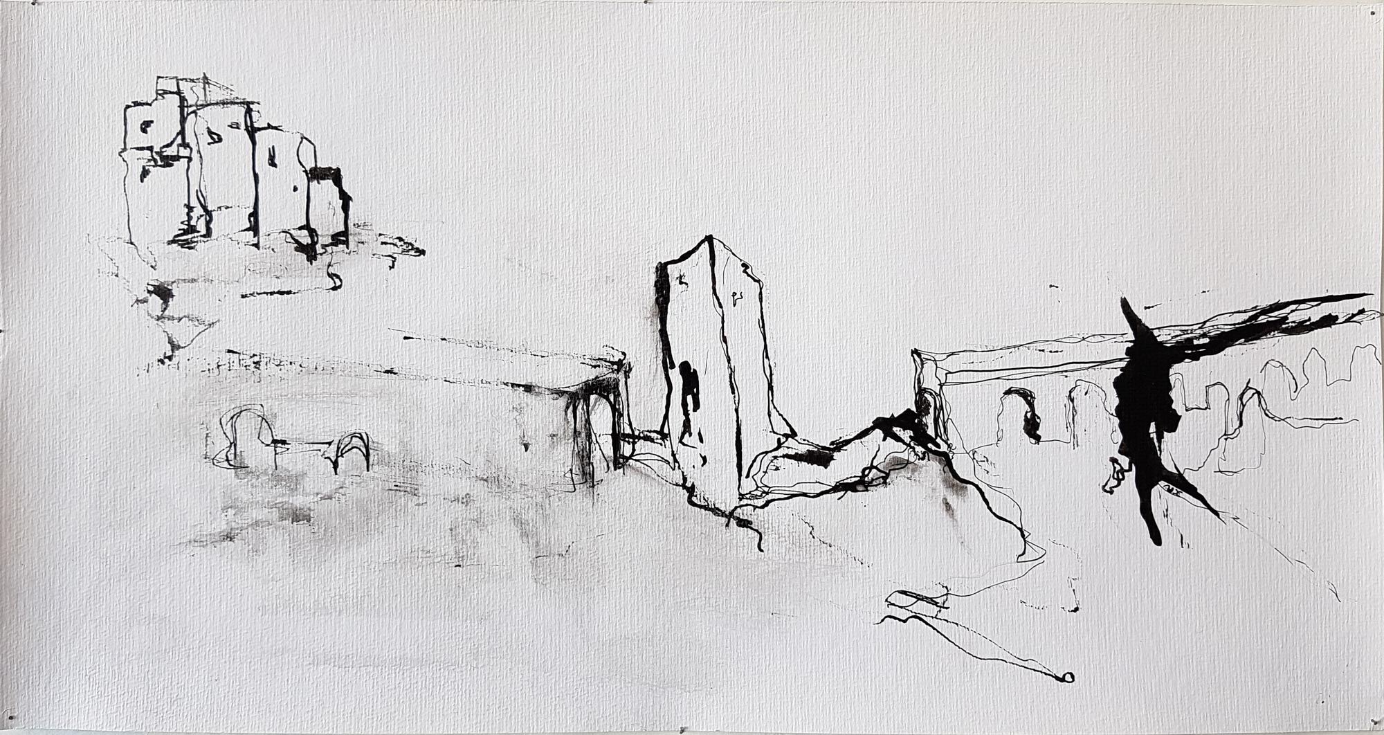 Aude Borromée, sketching, papier, paper, croquis, china ink, encre de chine, ville abandonnée, abandoned city